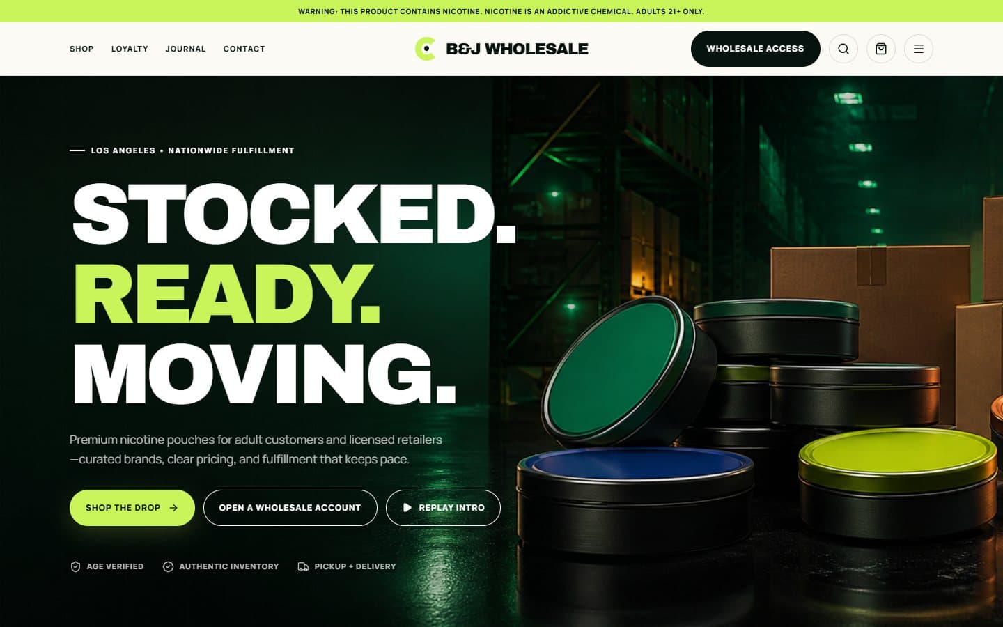 B and J Wholesale desktop homepage with warehouse imagery and wholesale account actions