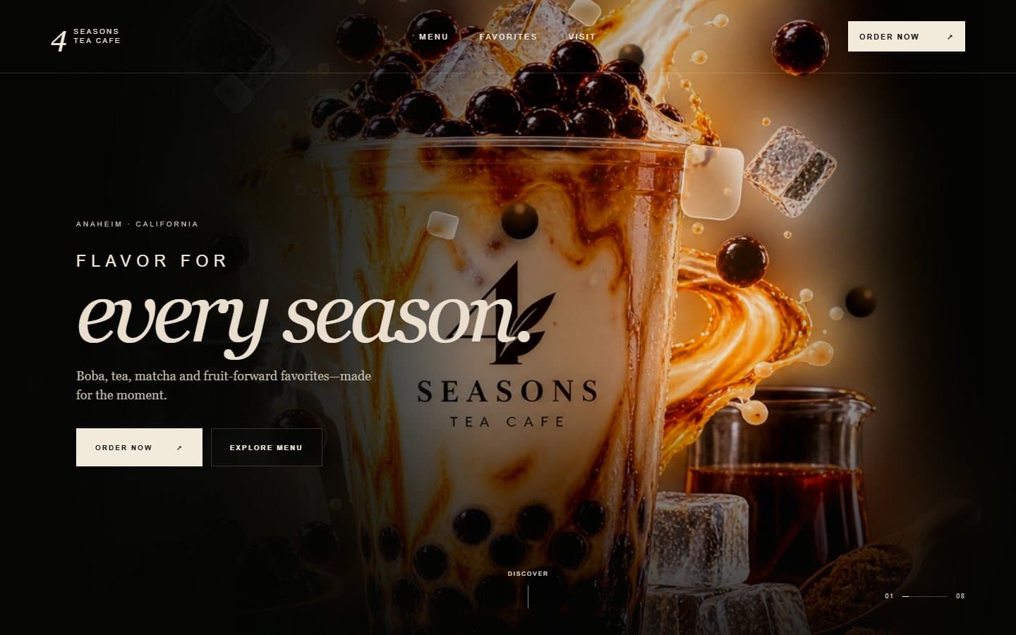 Four Seasons Tea Cafe desktop homepage with a cinematic brown sugar boba hero