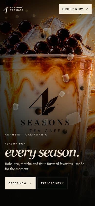 Four Seasons Tea Cafe mobile homepage showing the responsive hospitality design