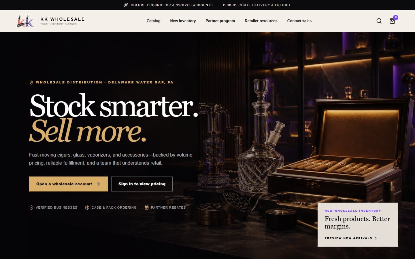 KK Smoke desktop wholesale homepage with premium inventory imagery and account actions