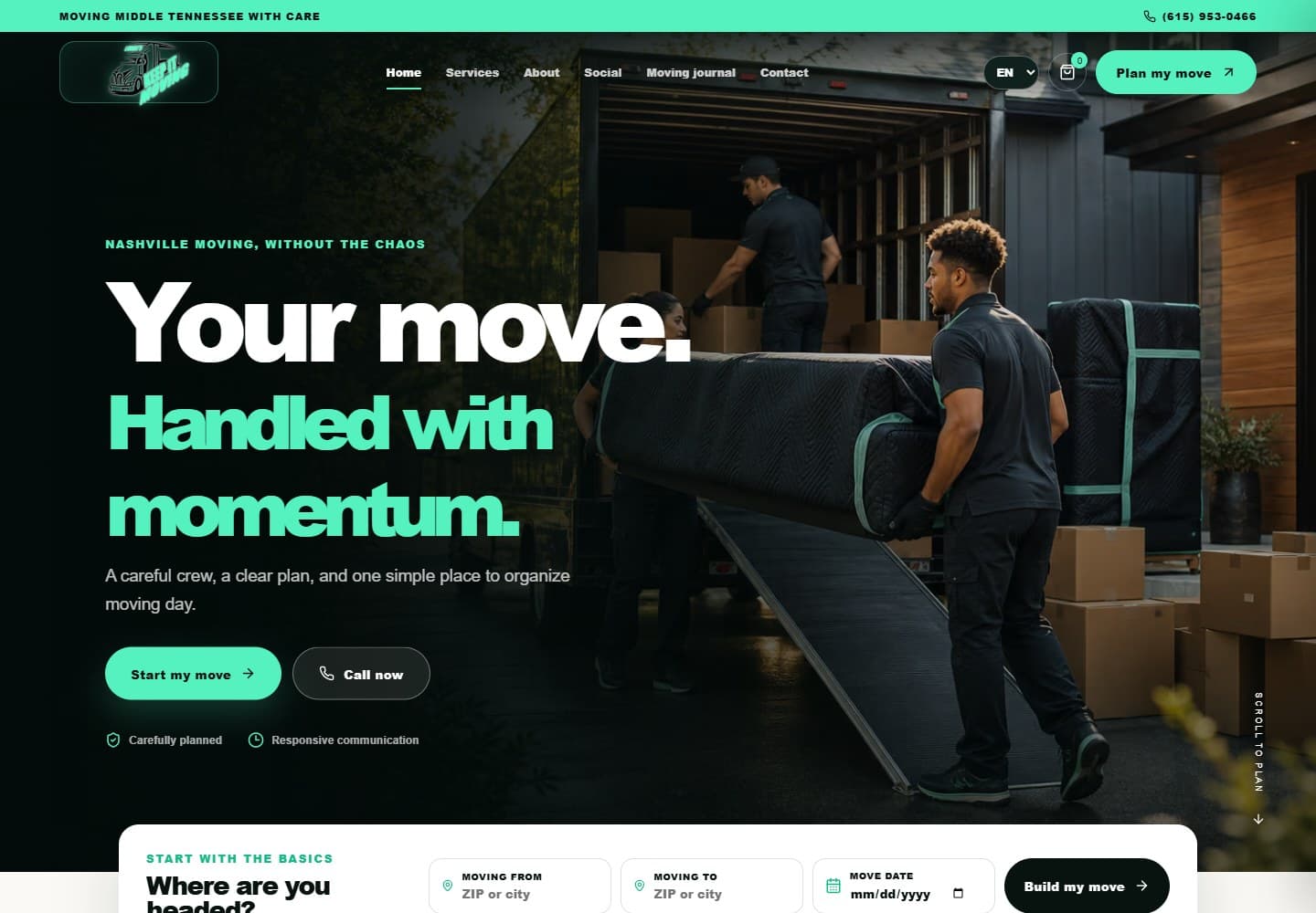 Lundi's Keep It Moving desktop homepage with a moving crew hero and guided planning actions