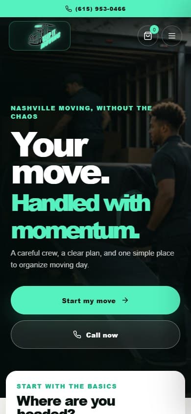 Lundi's Keep It Moving mobile homepage showing the responsive moving service concept