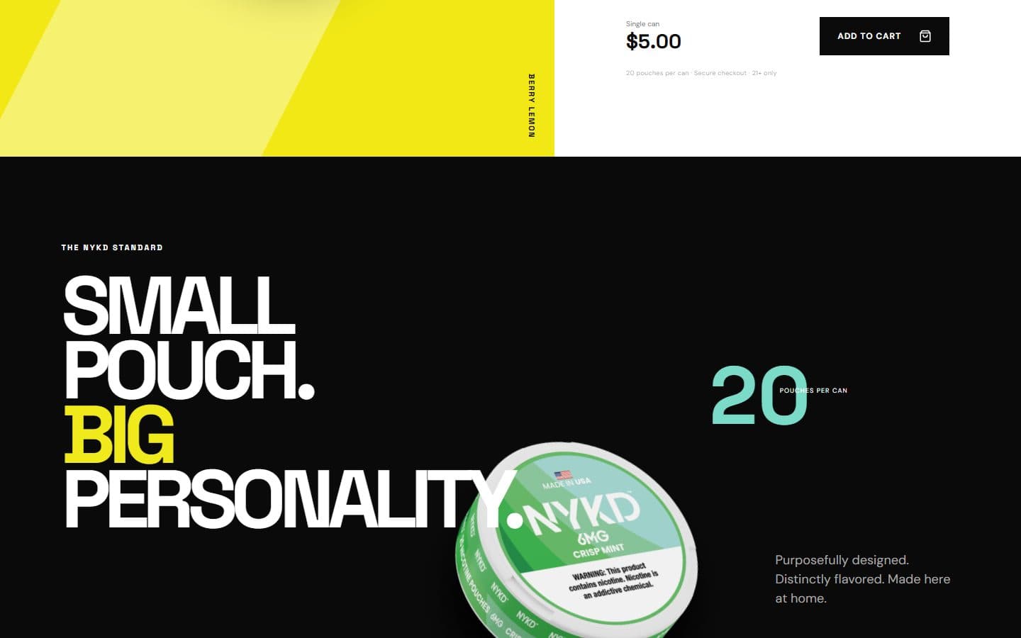 NYKD desktop product discovery section with branded nicotine pouch packaging