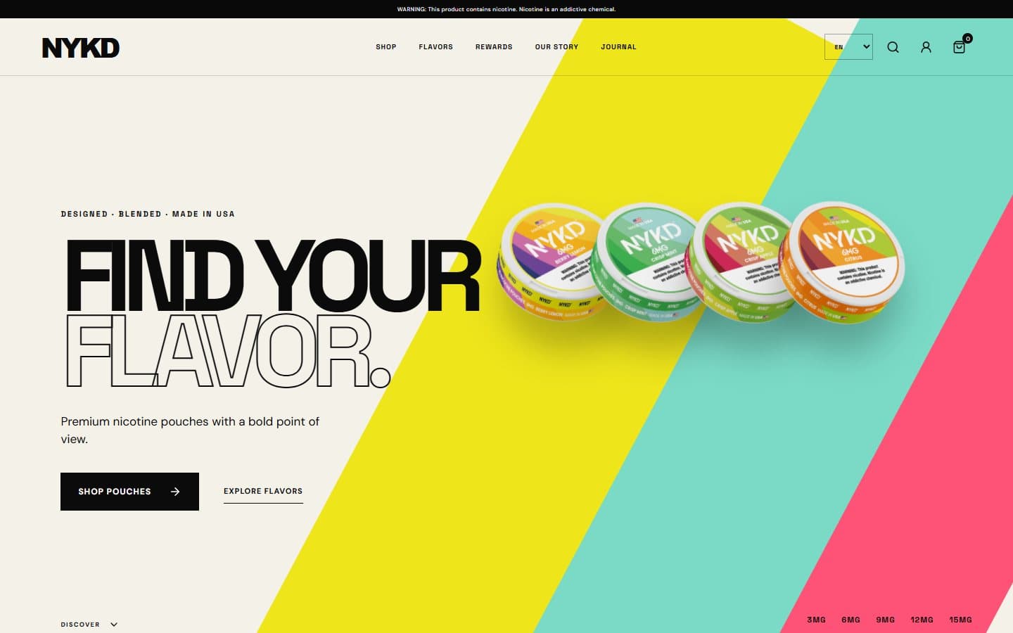 NYKD desktop homepage with colorful product bands and a Find Your Flavor message