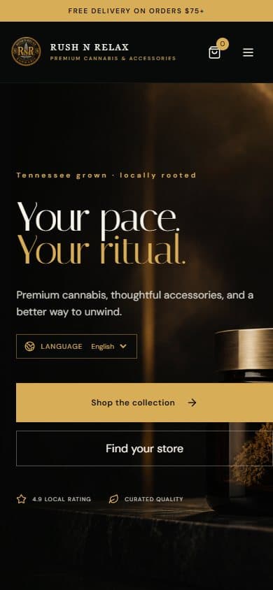 Rush N Relax mobile homepage showing the responsive multi-location design